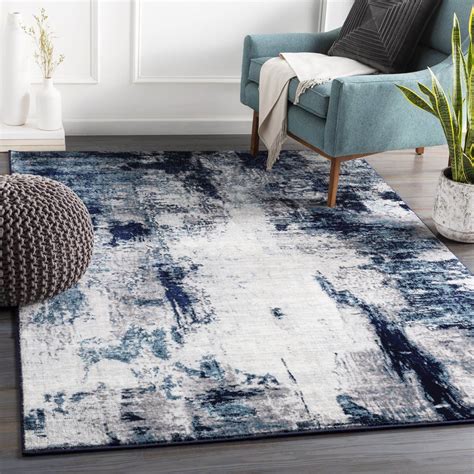 area rug with navy accents.